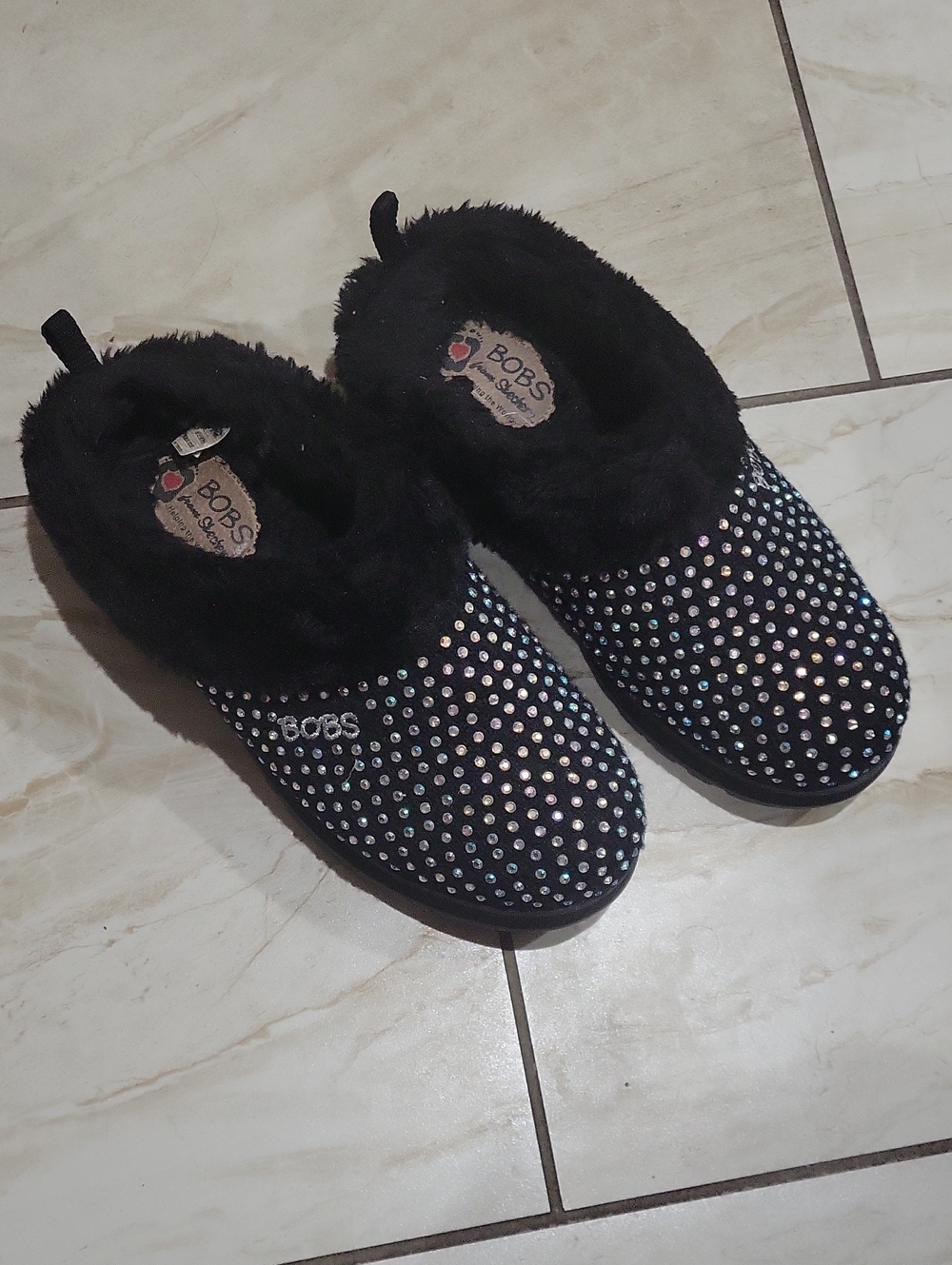 BOBS Skechers Black Rhinestone Slip-On Women's Slippers